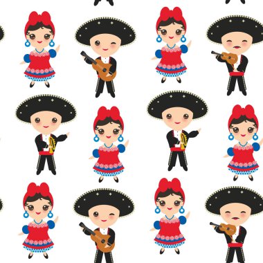 Dikişsiz desen Kübalılar oğlan ve kız Ulusal kostüm ve şapka karikatür çocuklarda geleneksel Küba elbise, Mariachi grubu müzik gitar, Viyola, keman, trompet. Beyaz arka plan üzerinde izole. Vektör çizim
