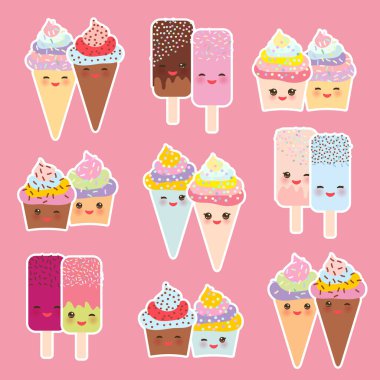 dondurma, dondurma ile cupcakes gözleme koniler, buz lolly Kawaii pembe yanakları ve kırpışan gözler, açık pembe renkli pastel renkleri ayarlayın. Vektör çizim