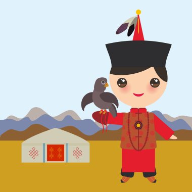 Moğol çocuk kırmızı Ulusal kostüm ve şapka. Geleneksel kıyafet çizgi film çocuk. Avcı, bir kartal ile avcılık. Manzara bozkır, dağlar, gökyüzü, ev yurt. Vektör çizim