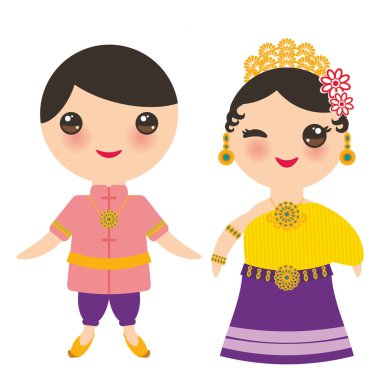 Tay Kawaii erkek ve kız Ulusal kostüm ve şapka. Geleneksel Tayland çizgi film çocuk üzerinde izole beyaz arka plan elbise. Vektör çizim