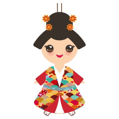 Japon kız Ulusal kostüm. kimono, geleneksel kıyafet çocuklarda çizgi film. Sakura dalga daire kırmızı model Bordo renk kartı banner tasarımı beyaz arka plan üzerinde izole Japonya. Vektör çizim