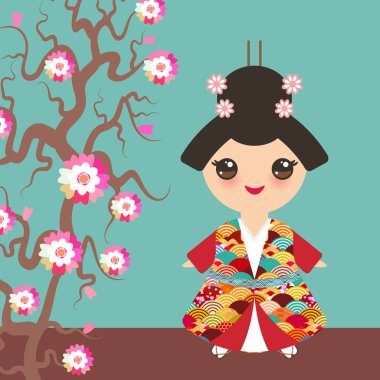 Japon kız Ulusal kostüm. kimono, geleneksel kıyafet çocuklarda çizgi film. Dalga daire desen kırmızı Bordo kart banner tasarımı mavi zemin üzerine Japonya. Sakura şube pembe çiçekli. Vektör çizim
