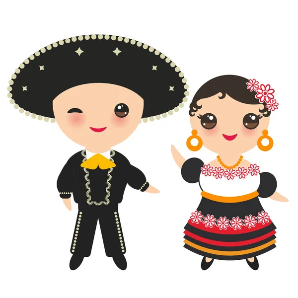 Niño Niña Mexicanos Traje Sombrero Nacional Niños Dibujos Animados Vestido — Vector de stock