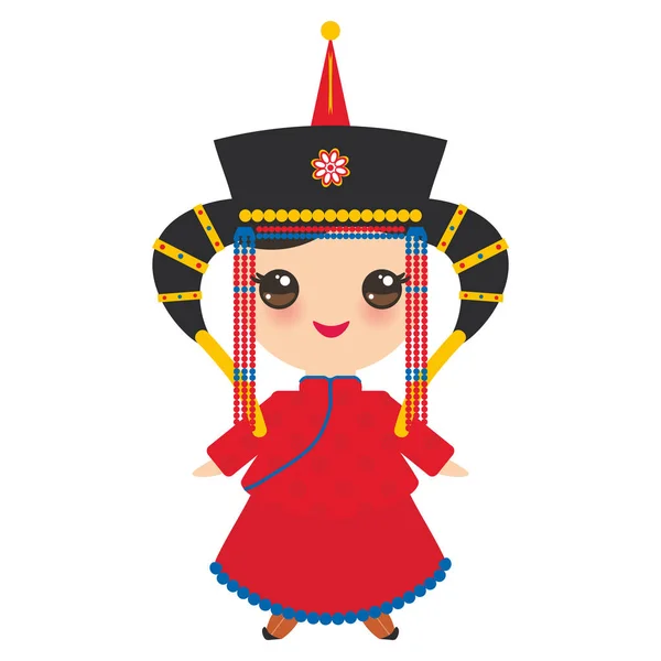 赤い民族衣装と帽子でモンゴルの女の子 白い背景の上の伝統的な衣装で漫画の子供たち ベクトル図 — ストックベクタ