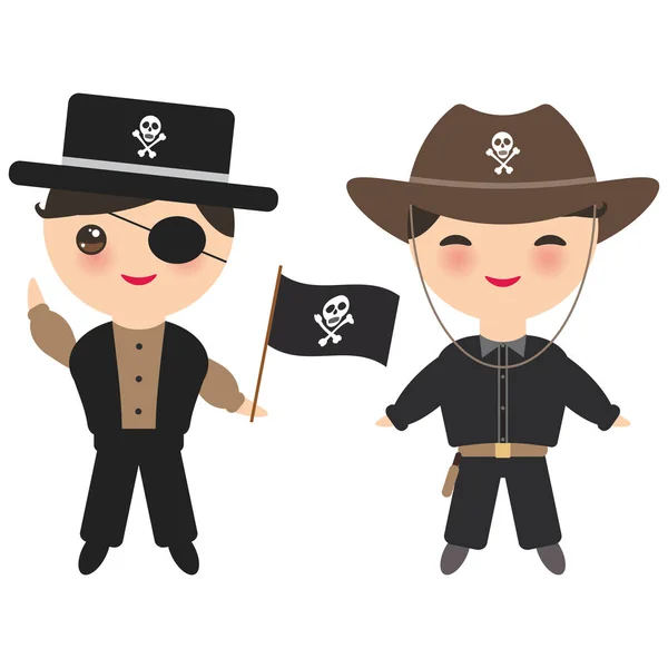 Kawaii Boys Pirate Marin Dans Des Chapeaux Noirs Avec Drapeau — Image vectorielle