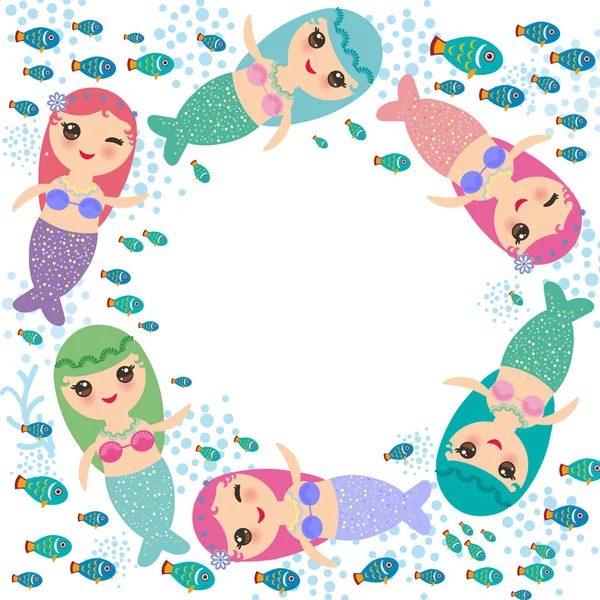 Γοργόνα Μπλε Πράσινο Και Ροζ Μαλλιά Kawaii Χαριτωμένο Κορίτσι Κοραλλιογενείς — Διανυσματικό Αρχείο