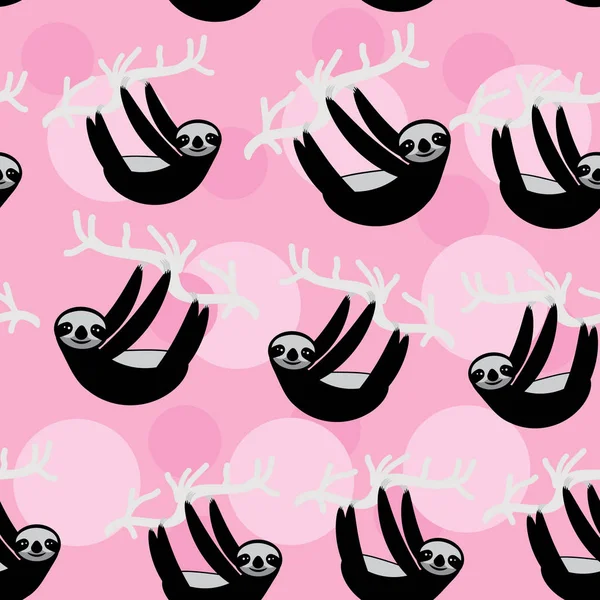 シームレス パターン面白いし かわいい笑顔 フタユビナマケモノ灰色ブランチ ツリー ピンクのつるのトレンディな背景に ベクトル図 — ストックベクタ