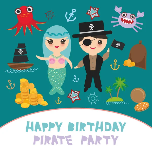 Pirate party card banner design. Mermaid with pirate, boat with sail, gold coins crab octopus starfish island with palm trees anchor compass anchor helm treasures on blue background. Vector illustration