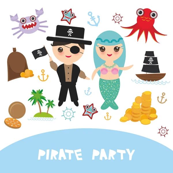 Pirate Party Card Banner Design Mermaid Pirate Boat Sail Gold — Stock Vector