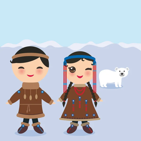 楚卡雅库特爱斯基摩人的男孩和女孩在国家服装和帽子 卡通孩子在传统的阿拉斯加礼服 风景雪 北极熊 向量例证 — 图库矢量图片