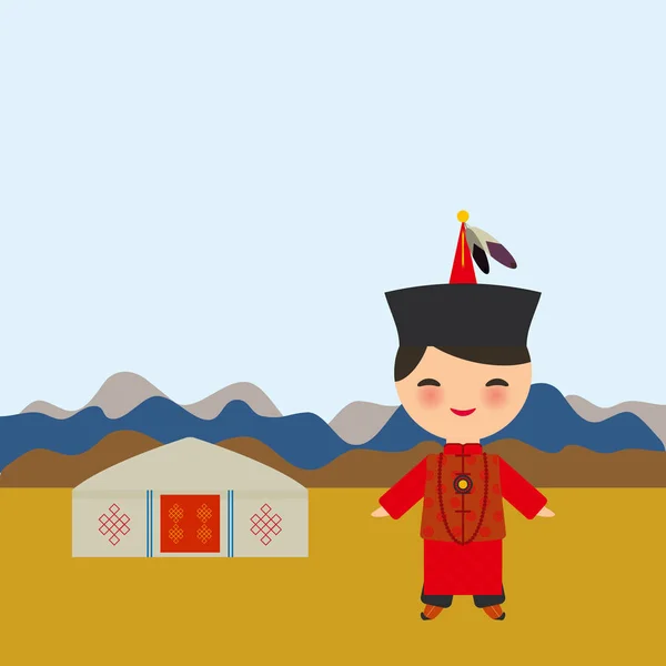 Mongoolse Jongen Rode Klederdracht Hoed Cartoon Kinderen Traditionele Kleding Landschap — Stockvector