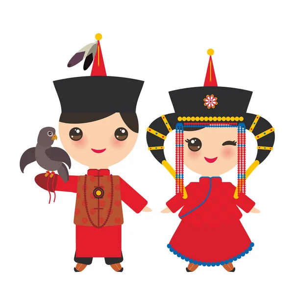 Anak Laki Laki Dan Perempuan Mongolia Dengan Kostum Dan Topi - Stok Vektor