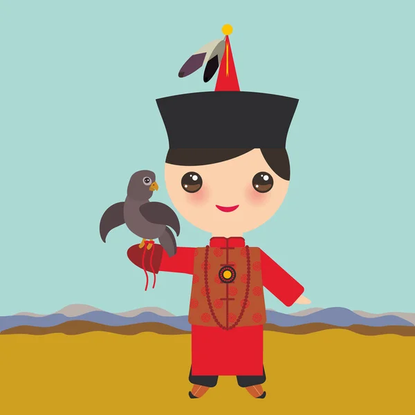 蒙古男孩在红色的民族服装和帽子 卡通的孩子在传统服装 和一只老鹰一起打猎 风景草原 向量例证 — 图库矢量图片