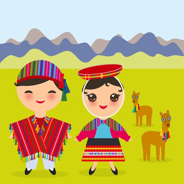 Menino Menina Peruanos Traje Chapéu Nacional Desenhos Animados Crianças Vestido — Vetor de Stock