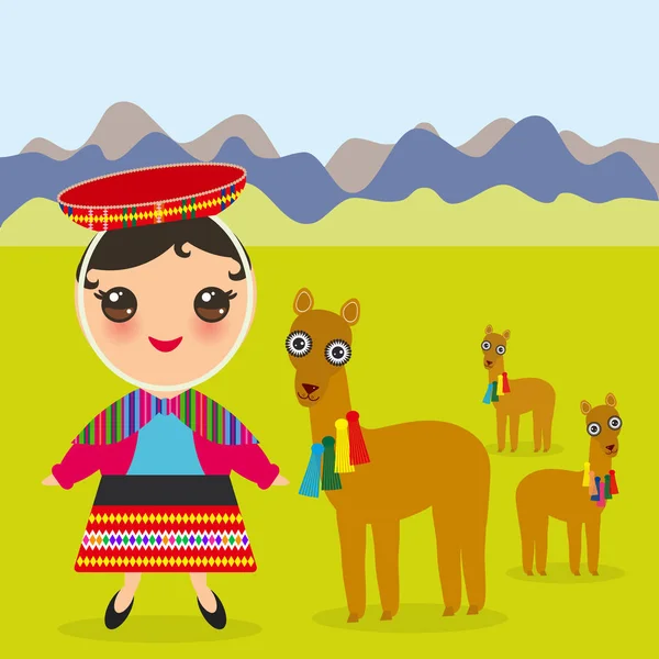 Ragazza Peruviana Costume Nazionale Cappello Bambini Dei Cartoni Animati Abito — Vettoriale Stock