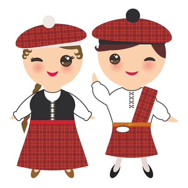 Scotsman Boy Girl National Costume Hat Cartoon Children Traditional Scotland — Stock Vector