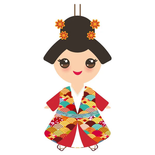 民族衣装で日本の女の子 伝統的な衣装の漫画の子供たち 日本の桜波サークル パターン赤いバーガンディ色カード バナー デザイン白い背景で隔離 ベクトル図 — ストックベクタ