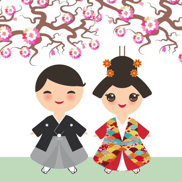 Japansk Pojke Flicka Folkdräkt Kimono Tecknad Barn Traditionell Klädsel Sakura — Stock vektor