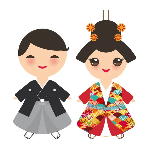 日本男孩和女孩在民族服装 卡通的孩子在传统的衣服 日本樱花波圆图案红色勃艮第色卡片横幅设计隔离在白色背景 向量例证 — 图库矢量图片