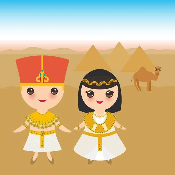 Antico Egitto Ragazzo Ragazza Costume Nazionale Cappello Paesaggio Piramidi Cielo — Vettoriale Stock