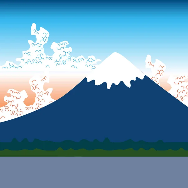 富士山 自然平山日本景观 森林山与雪峰 蓝色粉红色的天空 日出日落 向量例证 — 图库矢量图片