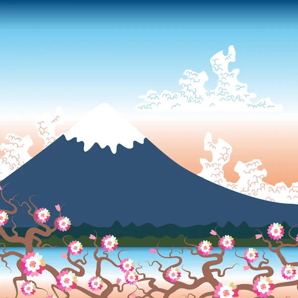 富士山 自然平山日本景观 森林山与雪峰 蓝色粉红色的天空 玫瑰色粉红色樱桃日出日落 向量例证 — 图库矢量图片