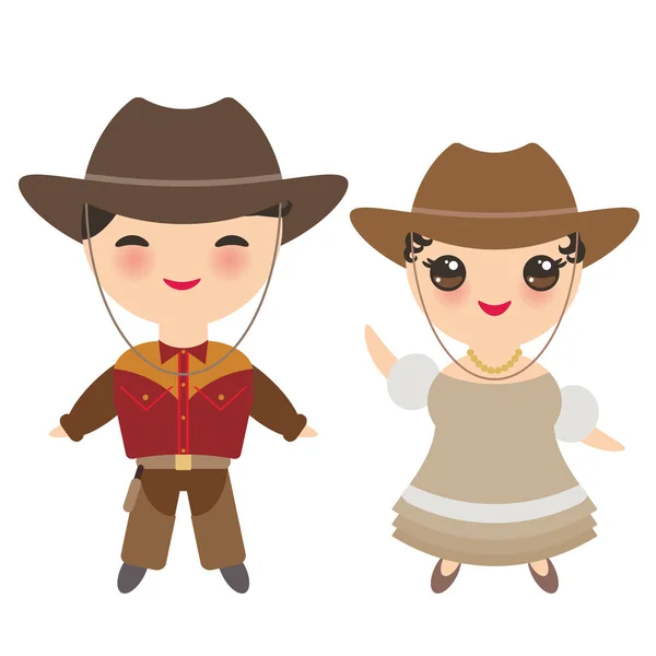 牛仔男孩和女孩在国家服装和帽子 卡通的孩子在传统服装 隔离在白色背景上 向量例证 — 图库矢量图片
