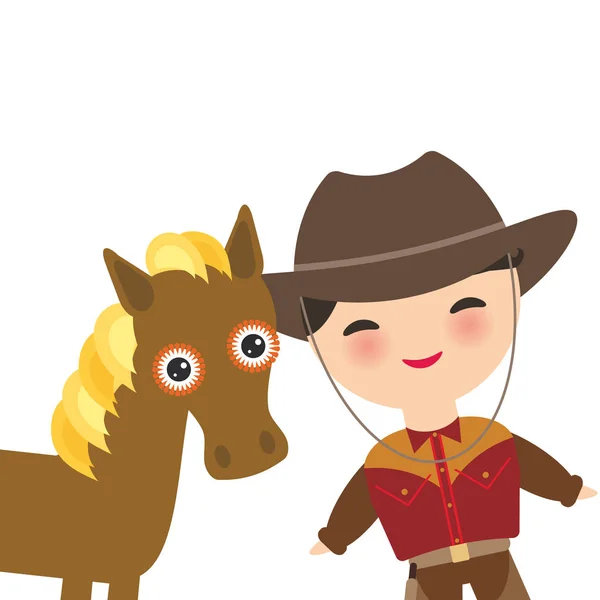 民族衣装と帽子の帽子と馬の少年とカウボーイ 漫画の伝統的な衣装の子どもたち 白い背景上に分離 ベクトル図 — ストックベクタ
