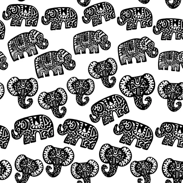 Beautiful seamless pattern Indian Elephant with ornaments. Hand drawn ethnic tribal decorated Elephant. black contour isolated on white endless background. Vector illustration