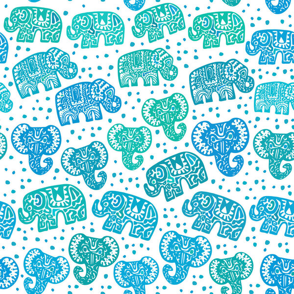 Beautiful seamless pattern Indian Elephant with polka dot ornaments. Hand drawn ethnic tribal decorated Elephant. Turquoise green blue teal contour isolated on white endless background. Vector illustration