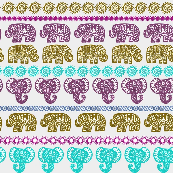 美丽的无缝的样式印度大象与装饰性小条 手绘的民族部落装饰大象 茶色紫色橄榄绿粉红色轮廓隔离在白色无尽的背景 向量例证 — 图库矢量图片