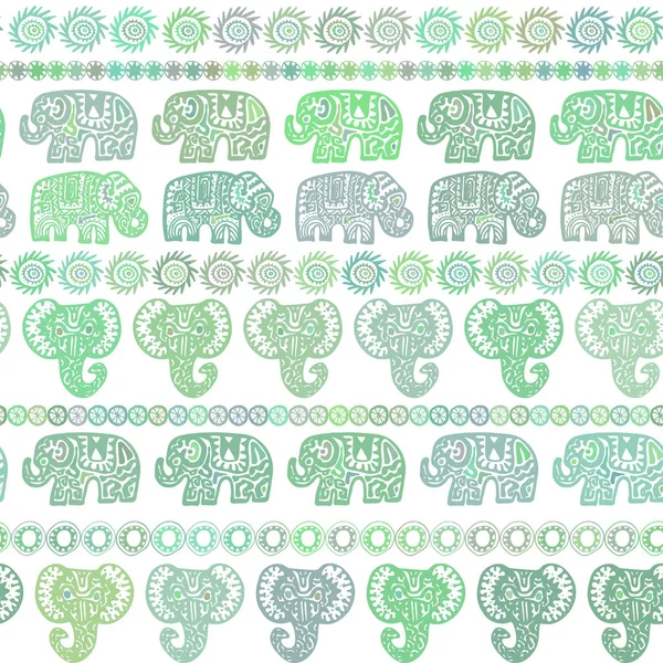 美丽的无缝的样式印度大象与装饰性小条 手绘的民族部落装饰大象 橄榄色浅绿色轮廓隔离在白色背景上的网站 向量例证 — 图库矢量图片