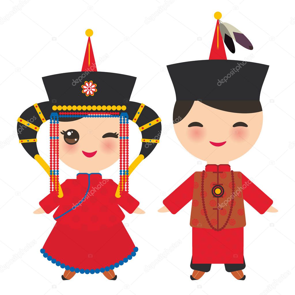 Mongolian boy and girl in red national costume and hat. Cartoon children in traditional dress. Vector illustration