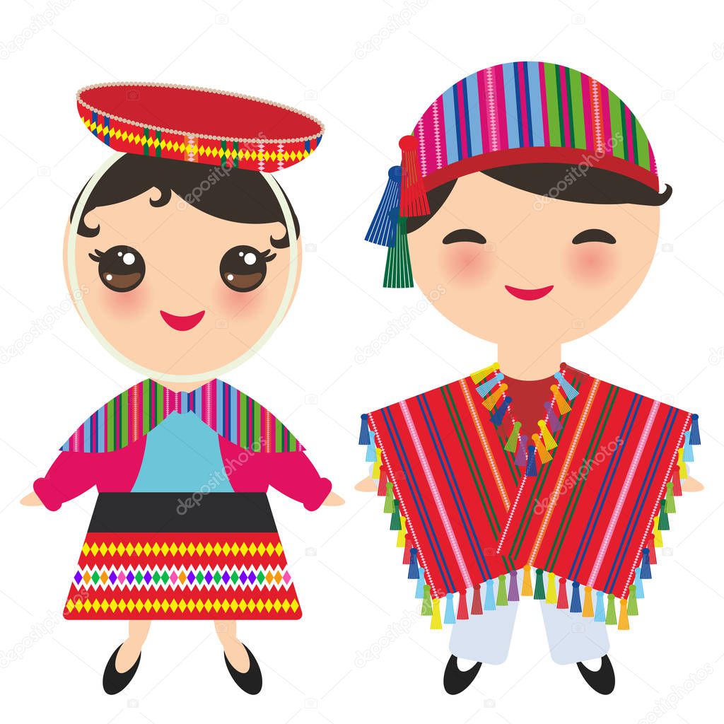 Peruvian boy and girl in national costume and hat. Cartoon children in traditional dress isolated on white background. Vector illustration