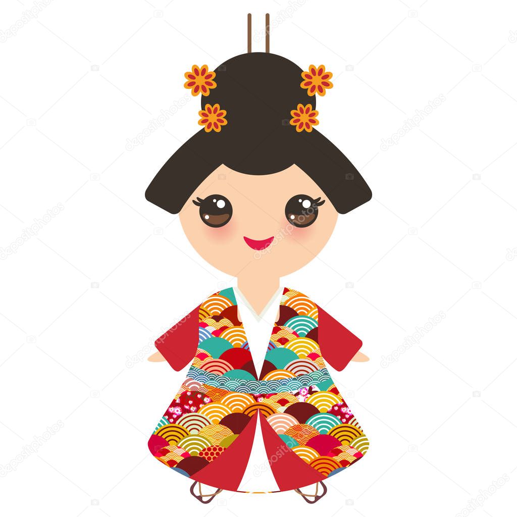 Japanese girl in national costume. kimono, Cartoon children in traditional dress. Japan sakura wave circle pattern red burgundy colors card banner design isolated on white background. Vector illustration