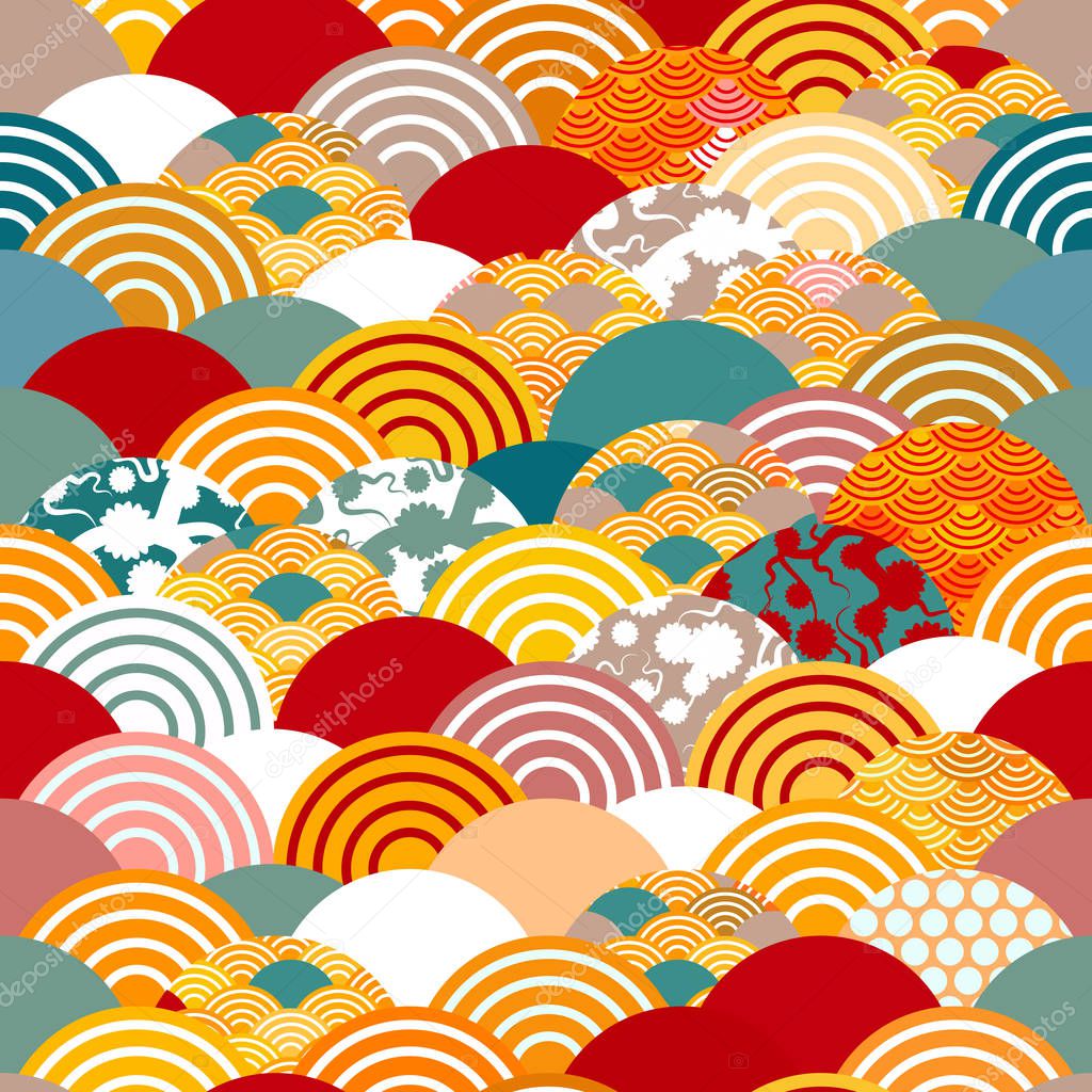 seamless pattern scales simple Nature background with japanese sakura flower, rosy pink Cherry, wave circle pattern orange red burgundy teal colors. Vector illustration