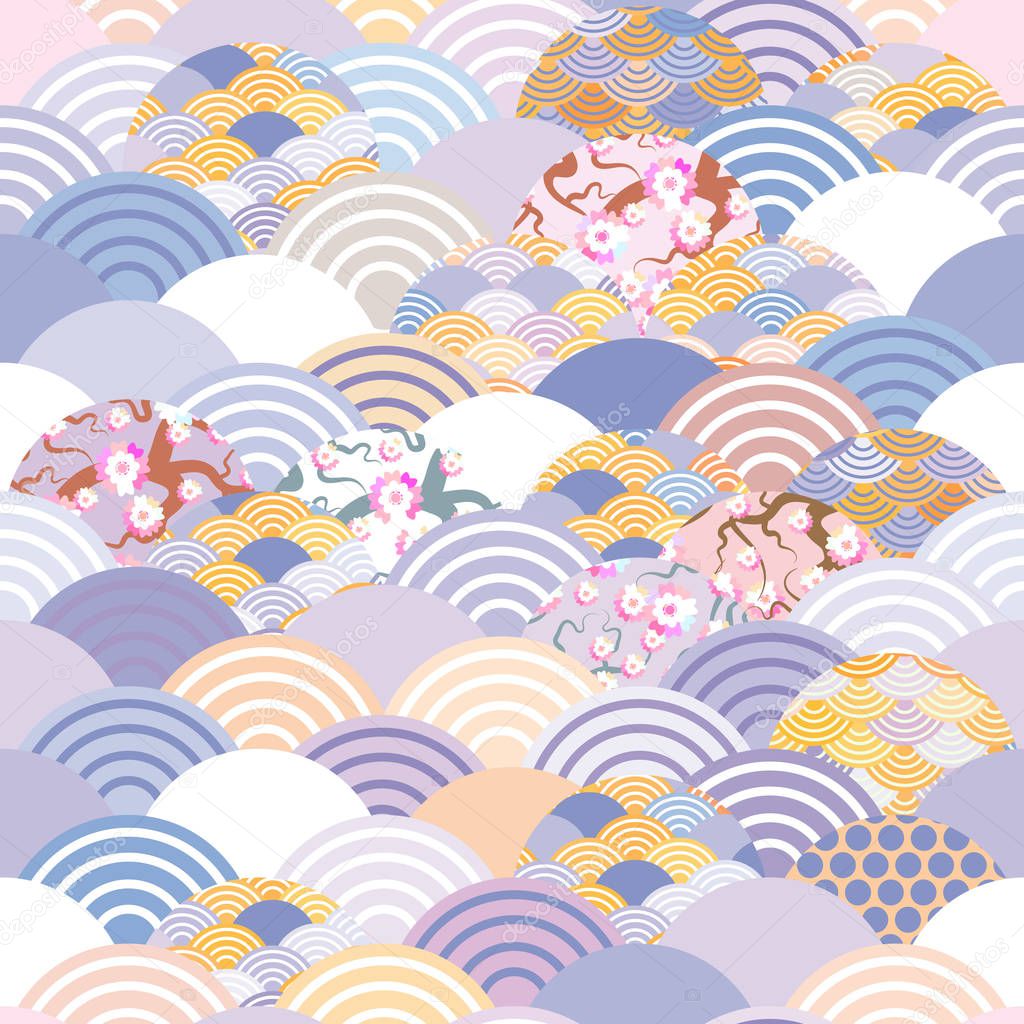 seamless pattern fish scales simple Nature background with japanese sakura flower, rosy pink Cherry, wave circle violet purple cobalt orange burgundy colors. Vector