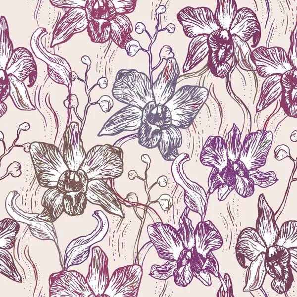 Belle Orchidée Ensemble Dessiné Main Sur Fond Rose Croquis Contour — Image vectorielle