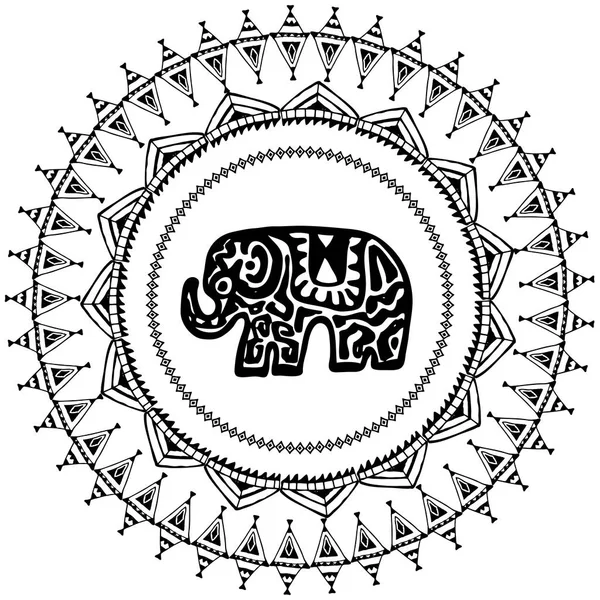 Beautiful Card Elephant Indian Ornaments Frame Your Text Hand Drawn — Stock Vector