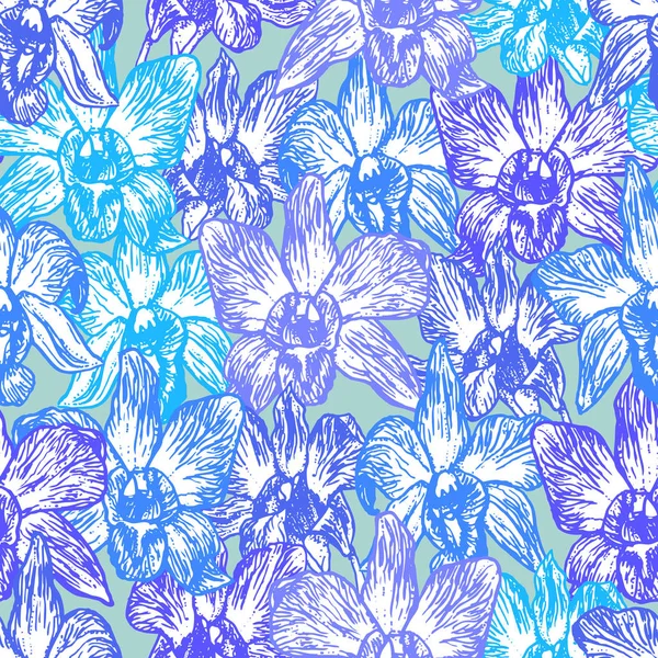 Beautiful Orchid Hand Drawn Blue Lilac Purple Contour Blue Background — Stock Vector