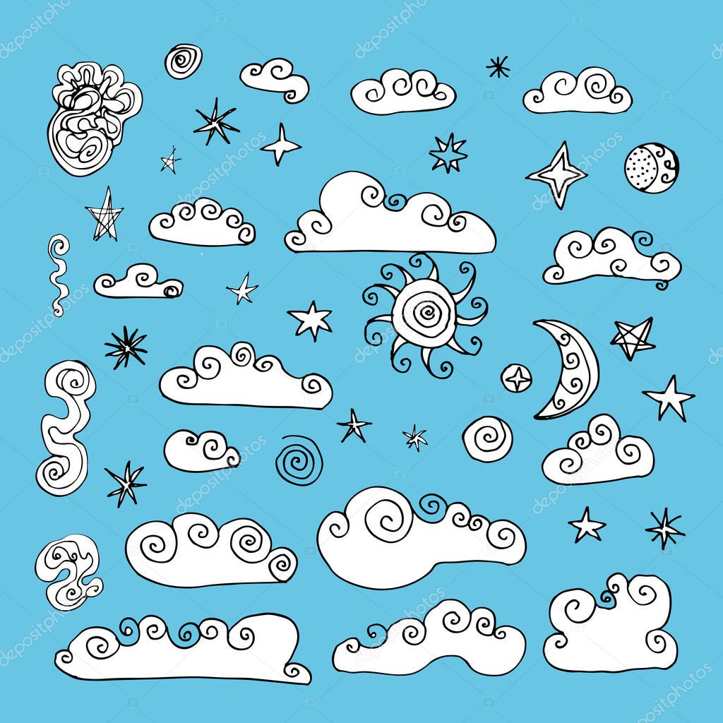 Doodle Collection of Hand Drawn Vector Clouds. Set of cartoon cute simple clouds outlines shapes. White with a black outline on a blue background. Vector illustration