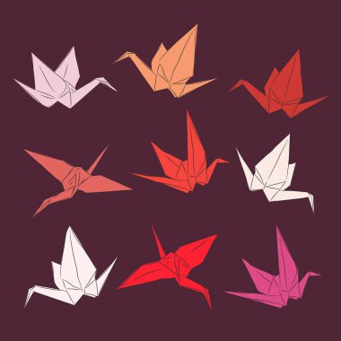 Japon Origami Kağıt set turuncu kırmızı beyaz pembe, mutluluk, şans ve uzun ömür, kroki sembolü vinç. turuncu kırmızı kahverengi zemin üzerine siyah çizgi kontur. Vektör çizim