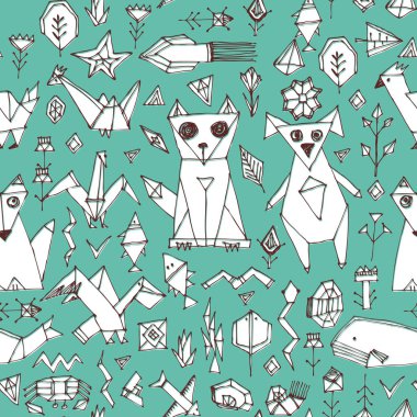 Köpek kedi fox balık ile Seamless modeli Deniz hayvanlar ve bitkiler, kuşlar siyah anahat mavi yeşil zemin üzerine, dekoratif öğeler Stylized origami doodle. site, blog, kumaş için modaya uygun zemin. Vektör çizim