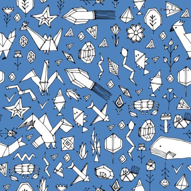 Elle çizilmiş İskandinav seamless modeli ile Deniz hayvanlar ve bitkiler, dekoratif çağdaş elemanlar Stylized origami siyah kontür. Mavi geometrik baskı, modaya uygun zemin. Vektör çizim