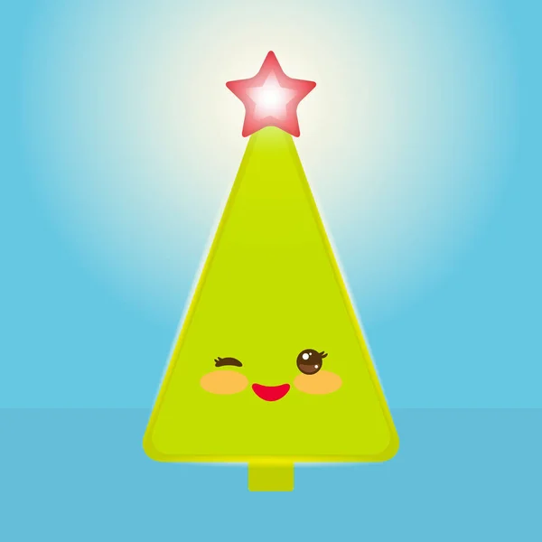 Karta Kawaii Szczęśliwego Nowego Roku Zabawny Zielony Christmas Tree Czerwoną — Wektor stockowy