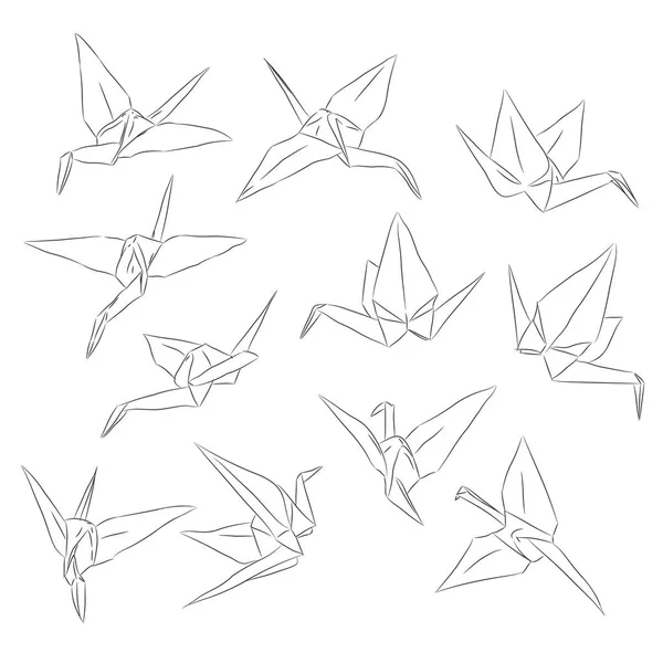 Ensemble Grues Papier Origami Japonais Symbole Bonheur Chance Longévité Croquis — Image vectorielle