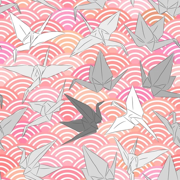Origami White Grey Paper Cranes Set Sketch Seamless Pattern Line — Stock Vector