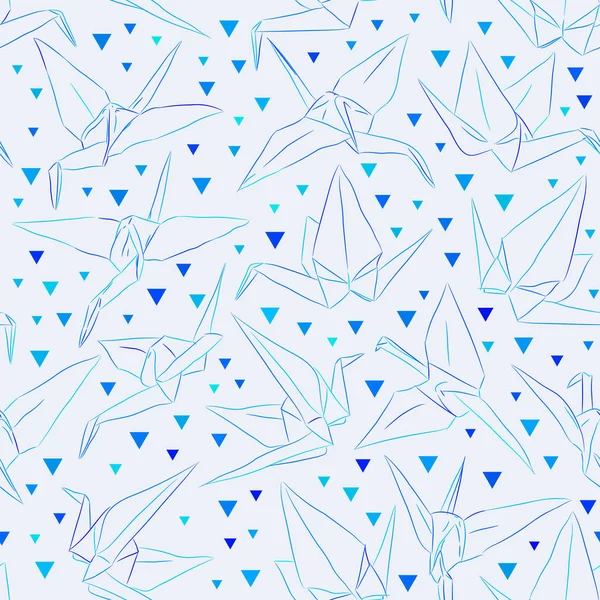日本折纸鹤象征着幸福 幸运和长寿 勾画无缝图案 蓝色水绿线上的浅蓝色薰衣草抽象几何 — 图库矢量图片