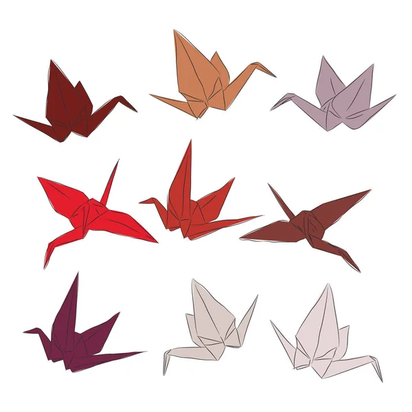 Japanse Origami Papier Kranen Set Oranje Rood Wit Roze Symbool — Stockvector