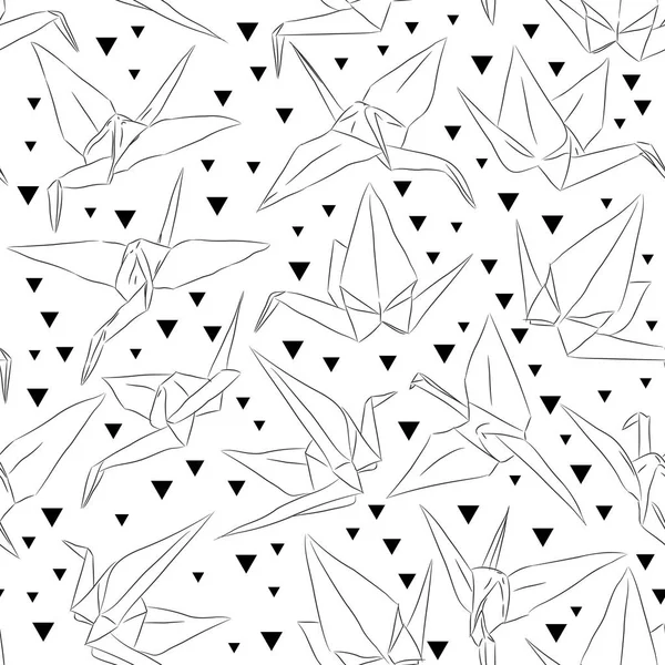 Japanese Origami White Paper Cranes Set Sketch Seamless Pattern Symbol — Stock Vector